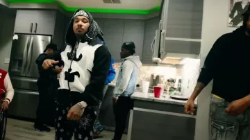 Amiri Aged Black Allover Flocked Paisley Jeans worn by Doe Boy in Gucci Bubblecoat (Official Music Video)