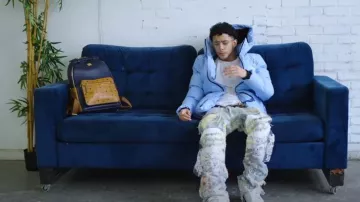 Dripmade Light Blue Paint Splatter Puffer Jacket worn by J.I. in "Options" (Official Music Video)