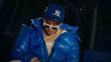Moncler Bright Blue Maya Jacket worn by Jesus Ortiz Paz in Sobras Y Mujeres by Fuerza Regida [Official Video]
