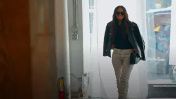 Versace Zip­pered Leather Bik­er Jack­et worn by Lisa Barlow as seen in The Real Housewives of Salt Lake City (S04E10)