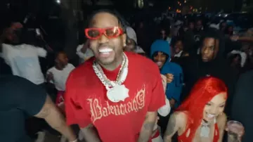 Balenciaga Red Heavy Metal Logo T-Shirt worn by Fivio Foreign in Cha Cha Cha by GloRilla, Fivio Foreign, CMG The Label