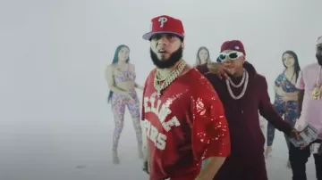 Celine Red Sequin 'Celine Paris' T-Shirt worn by El Alfa "El Jefe" in TE LLENASTE (Ft. Yomel El Meloso, El Fother)