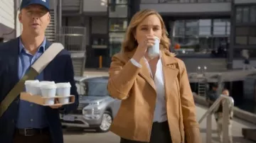 Witchery Leather Biker Jacket in Chestnut worn by AFP Liaison Officer Constable Evie Cooper. (Tuuli Narkle) as seen in NCIS: Sydney (S01E02)