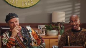 Amiri Scarf Patch­work Bomber worn by Rick (Don Johnson) as seen in Kenan (S02E02)