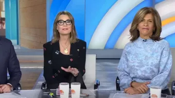 Anthropologie The Beatriz Mock-Neck Sweater Lurex Edition In Blue worn by Hoda Kotb as seen in Today on November 27, 2023