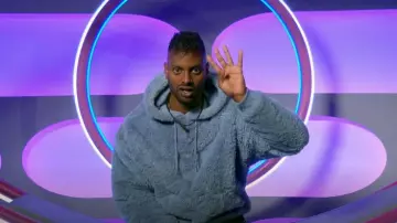 Asos Design Faux Fur Hood­ie in Dusty Blue worn by Dion Prasad as seen in Big Brother (S15E12)