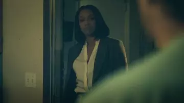 Vince Band Collar Blouse worn by Pam Talford (Ashani Roberts) as seen in Average Joe (S01E07)