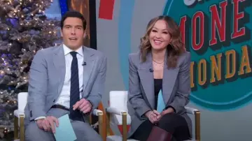 Saint Laurent Micro-Check Wool Blazer Jacket worn by Eva Pilgrim as seen in Good Morning America on November 27, 2023