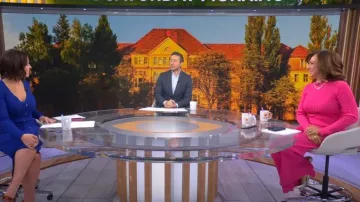 Adam Lippes Collective High Waisted Ribbed Pants worn by Michelle Miller as seen in CBS Mornings on  November 26, 2023