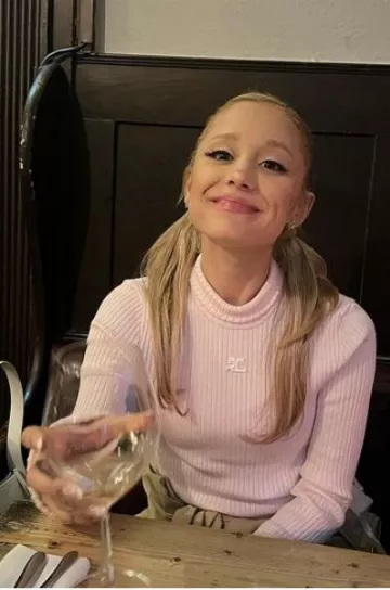 Courreges Reedition High Neck Sweater in Pale Pink worn by Ariana Grande on Alexa Luria’s Instagram on June 12, 2023