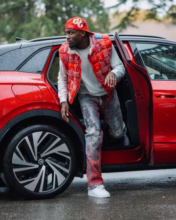 Kapital Red Bandana Woven Puffer Vest worn by Marcus Thuram on the Instagram account @thuram