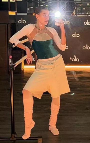 Yumiko Monique R-Orbit Mesh Leotard worn by Hailey Bieber  on her Instagram Post on December 1, 2023