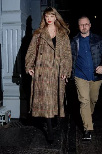 Stella McCartney Tweed Belted Double Breasted Coat worn by Taylor Swift in New York City, on December 5, 2023