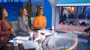 Suéter de cuello redondo con costura central de Topshop en naranja usado por Hoda Kotb como se ve en Today el 5 de diciembre de 2023