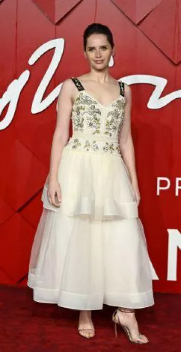 Vestido midi de tul bordado Erdem usado por Felicity Jones en los Fashion Awards el 4 de diciembre de 2023