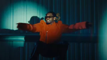 Rick Owens Orange Shearling Cropped Bionic Bomber Jacket worn by Offset in BLAME IT ON SET (Official Music Video)