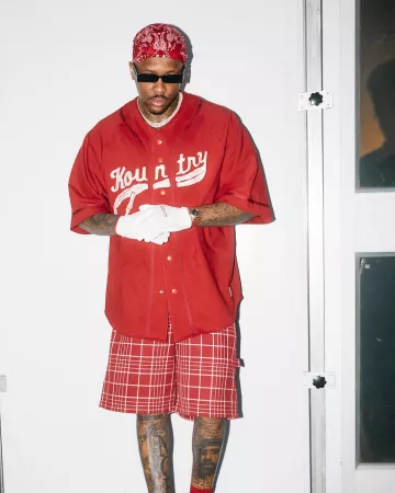 Kapital Red Kountry Skeleton Baseball Jersey worn by YG on the Instagram account @yg