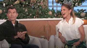 Theory Ruffle Silk Shirt worn by Natalie Morales as seen in The Talk on December 7, 2023