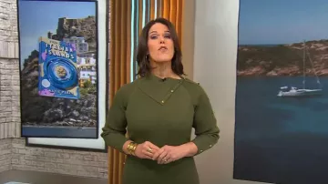 Karen Millen Viscose Blend Rib Envelope Neck Knit Midi Dress worn by Dana Jacobson as seen in CBS Mornings on December 3, 2023