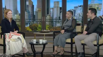Bottega Veneta 90mm Mini Weave Nappa Leather Knot Mule Sandals worn by Julianne Moore as seen in LIVE with Kelly and Mark on  December 5, 2023