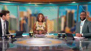 Alexander McQueen Hummingbird Dress worn by Gayle King as seen in CBS Mornings on December 8, 2023