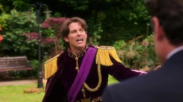 Purple Leather Military Suit with Cloak worn by Edward (James Marsden) in Disenchanted movie outfits