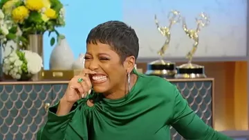 Victoria Beckham Asymmetric Cutout Gathered Glossed-jersey Dress worn by Tamron Hall as seen in Tamron Hall Show on December 6, 2023