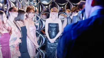 Nicholas Phanta Strapless Faux Leather Midi Dress worn by Margot Murray (Emma Booth) as seen in Paper Dolls (S01E03)