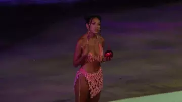 Fstrend Sequins Tassels Body Chain Bra Skirts Set in Pink worn by Mercedes Northup as seen in Bachelor in Paradise (S09E10)