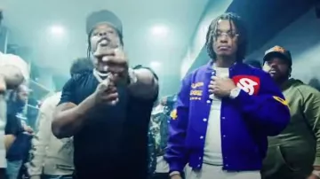 Supreme Purple 'NYC Fuck Em' Varsity Jacket (SS23) worn by Skilla Baby in Morant by Rowdy Rebel (Official Music Video)