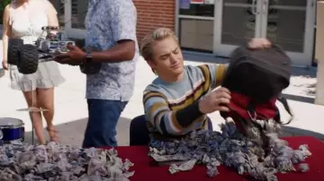 Scotch and Soda Striped Cotton Crewneck Sweater in Combo B worn by Mac Morris (Mitchell Hoog) as seen in Saved by the Bell (S02E07)