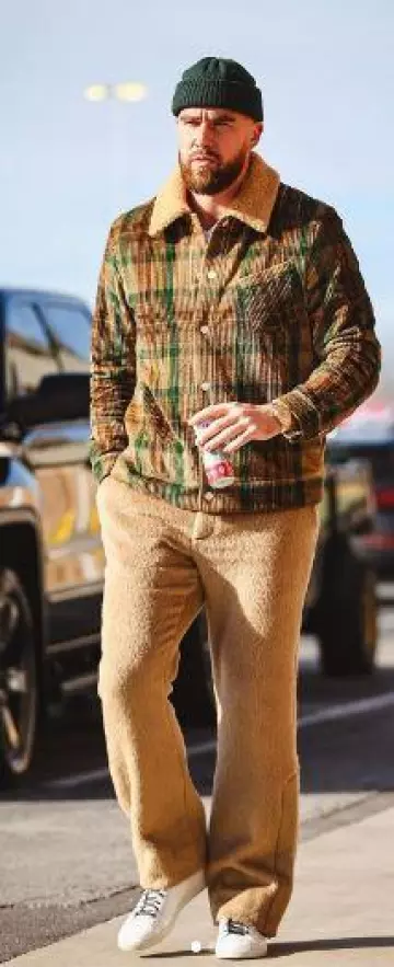 The Elder Statesman Brown & Dark Green Plaid Corduroy Jacket worn by Travis Kelce on the Instagram account @killatrav