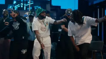 Casablanca White Futuro Laurel Stripe Trackpants worn by Davido in Drift (Remix) with Teejay (Official Music Video)