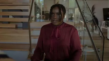 Asos Design Sheer Stripe Shirt with Tie Neck and Blouson Sleeve in Aubergine worn by Mia (Courtney Taylor) as seen in Neon (S01E06)