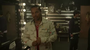 Guess Col­lage Print Den­im Jack­et worn by Santi (Tyler Dean Flores) as seen in Neon (S01E02)