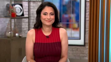Altuzarra Mariana Ribbed Colorblock Sheath Dress worn by Celine Gounder as seen in CBS Mornings on December 13, 2023