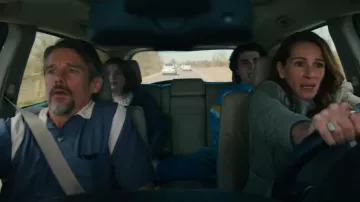 Purple Bowling shirt worn by Clay (Ethan Hawke) as seen in Leave the World Behind movie