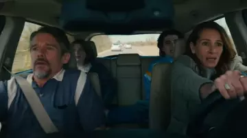Purple Bowling shirt worn by Clay (Ethan Hawke) as seen in Leave the World Behind movie