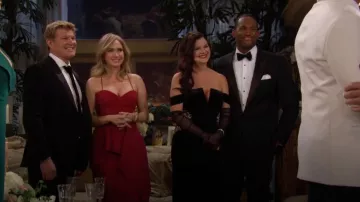 Jovani Black Off the shoul­der Vel­vet Dress worn by  Katie Logan (Heather Tom) as seen in The Bold and the Beautiful on December 6, 2023