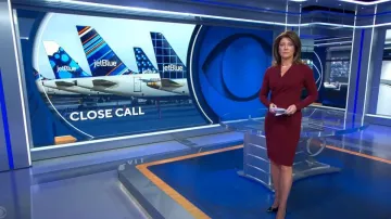 Alexander McQueen vestido entallado en burdeos usado por Norah O'Donnell como se ve en CBS Evening News el 15 de diciembre de 2023