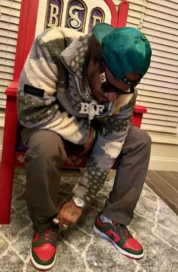 Memory Lane Grey & Green Camo Fleece Jacket worn by Benny the Butcher on the Instagram account @bennythebutcher_