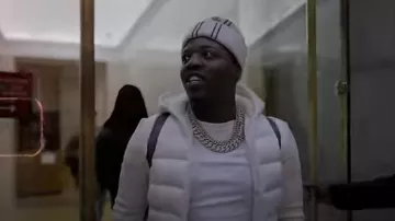 Moncler White Puffer Side-Stripe Zip Hoodie worn by Lil Zay Osama in I Made It (Official Music Video)