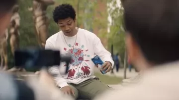 White printed crewneck worn by Andre Anderson (Chance Perdomo) as seen in Gen V (Season 1)