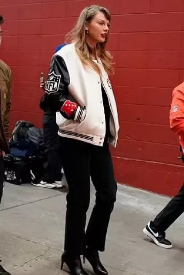 Jeff Hamilton Kansas City Chiefs Wool & Leather Varsity Jacket worn by Taylor Swift at Kansas City Chiefs Vs Cincinnati Bengals on December 31, 2023