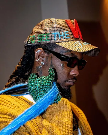 Marni Maize Brown Distressed Cardigan worn by Offset on the Instagram account @offsetyrn