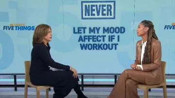 Alice + Olivia Macey Faux Leather Blazer in Camel worn by Ally Love as seen in Today on January 4, 2024