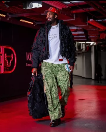 Off-White x Post Archive Faction Black Leaves Backpack worn by Andre Drummond on the Instagram account @andredrummondd
