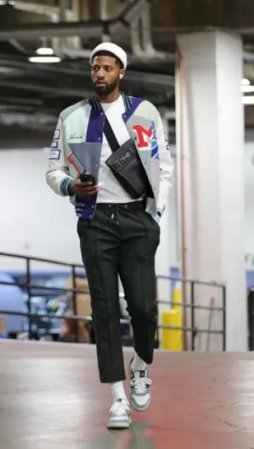 Amiri Vintage Patchwork Varsity Jacket worn by Paul George on the Instagram account @pg_ntep7
