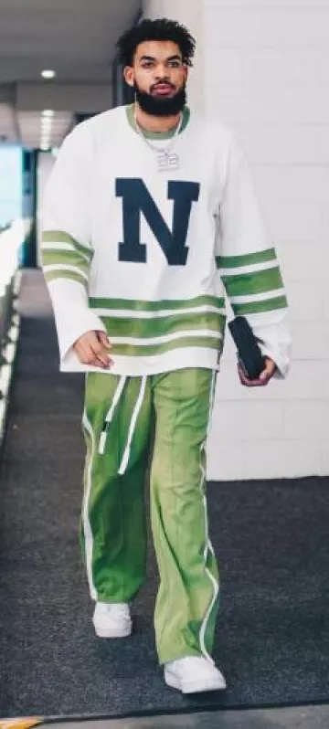 Nahmias White & Green 'Ringer' Hockey Jersey worn by Karl-Anthony Towns on the Instagram account @karltowns