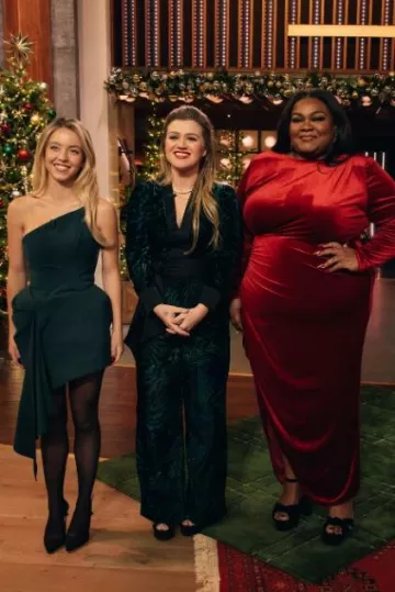 Diane Von Furstenberg Combinaison en velours à imprimé tigre Vegas portée par Kelly Clarkson au Kelly Clarkson Show 5.45 le 19 décembre 2023